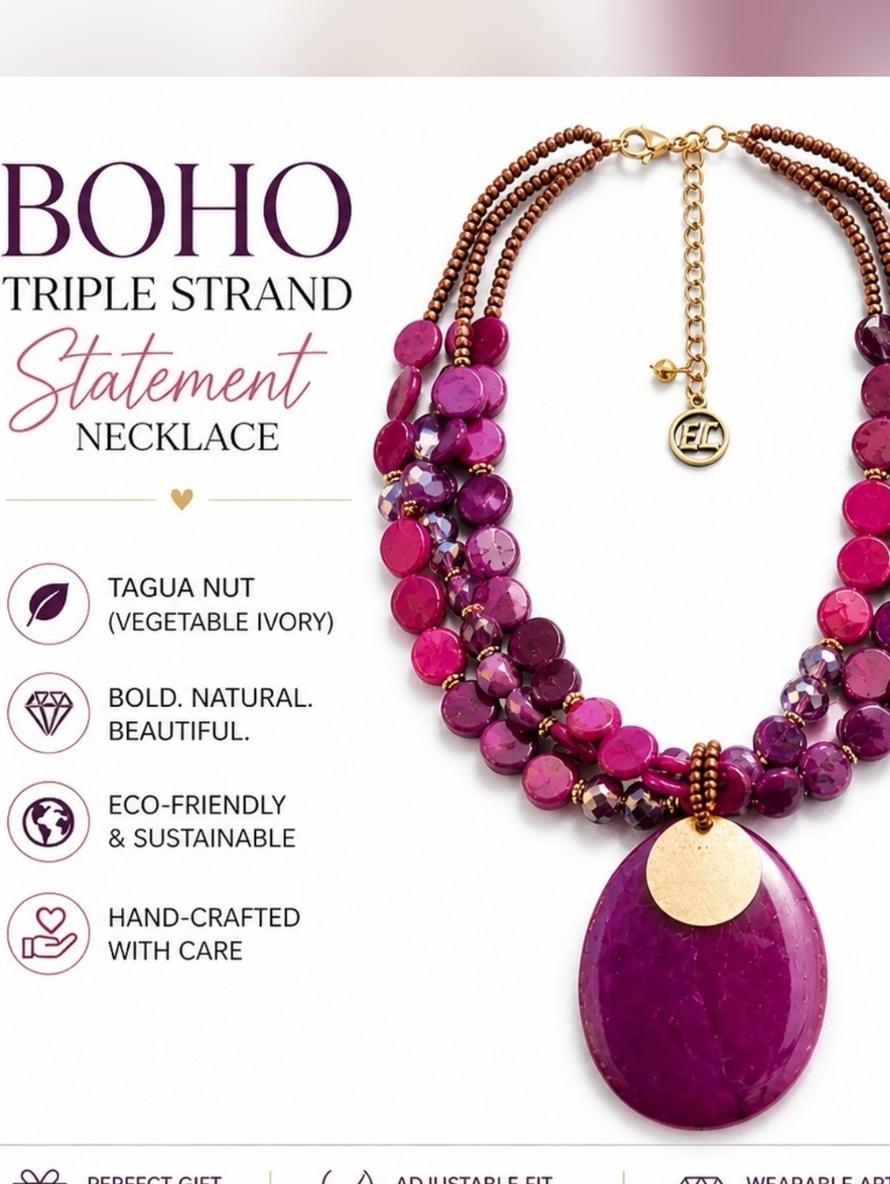 Erica Lyons Magenta Multi-Strand Beaded Necklace with Gold Tone Disc
